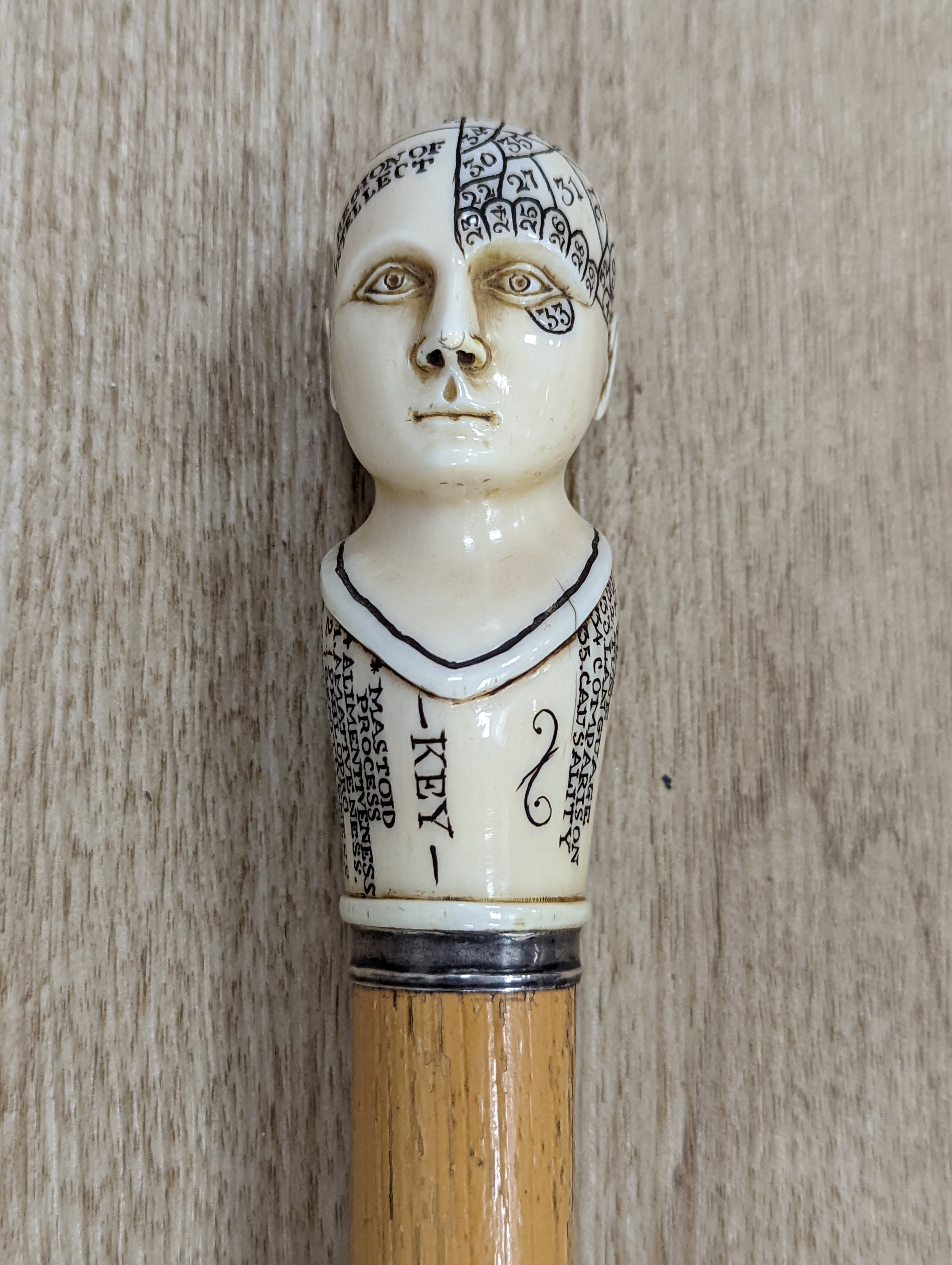 A fine 19th century sword stick, gilt etched blade, brass tip, silver mounted handle with carved and inscribed ivory phrenology head pommel, overall 96cms, blade 68cms